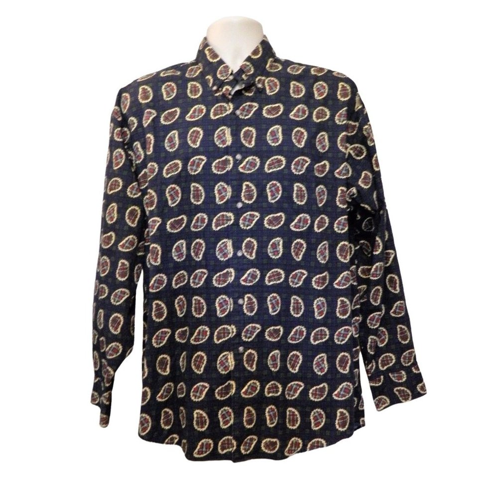 Salty Dog GANT Shirt L Blue Green Plaid Paisley Long Sleeve Cuff